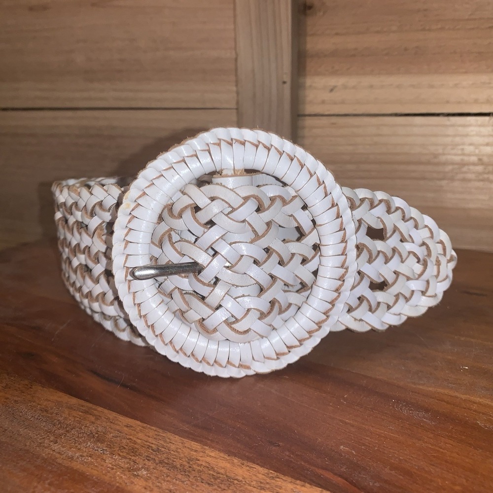 American Eagle Womens‎ White Leather Braided Belt Size XS/S Wide Round Buckle